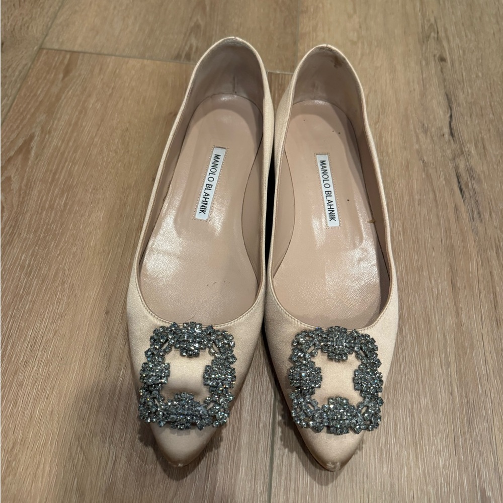 Manolo Blahnik Beige Flats with Sparkling Buckle